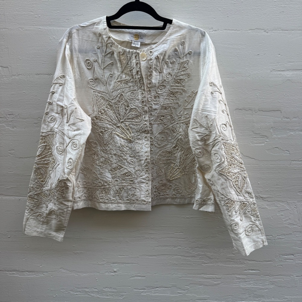 Sandy Starkman Jacket XL Cream Vintage Silk Embroidered Beaded Boho Art to Wear - Picture 13 of 16